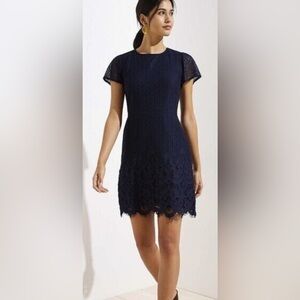 LOFT Navy Lace Short Sleeve Shift Dress